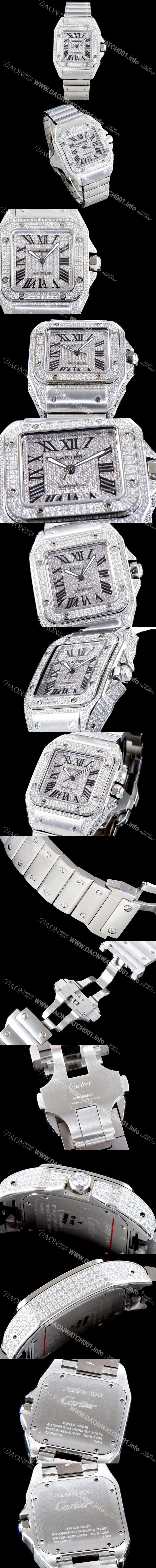 홍콩명품 [까르띠에] 남성용 산토스 100 베스트 에디션 W20073X8 미듐 모델 화이트 골드 풀다이아몬드 셋팅 오토매틱 무브먼트 CAR4015