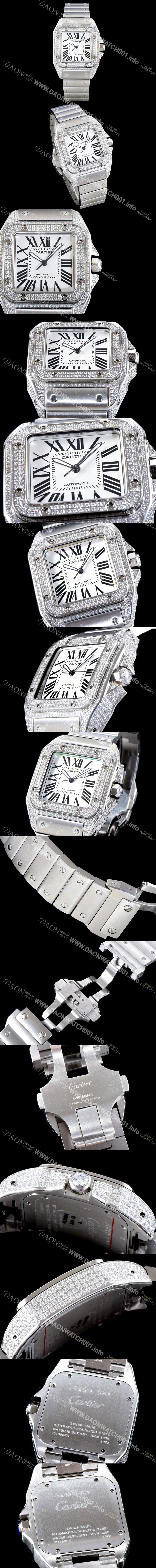 홍콩명품 [까르띠에] 남성용 산토스 100 베스트 에디션 W20073X8 미듐 모델 화이트 골드-다이아몬드 실버 마감 오팔린 다이얼 오토매틱 무브먼트 CAR4011