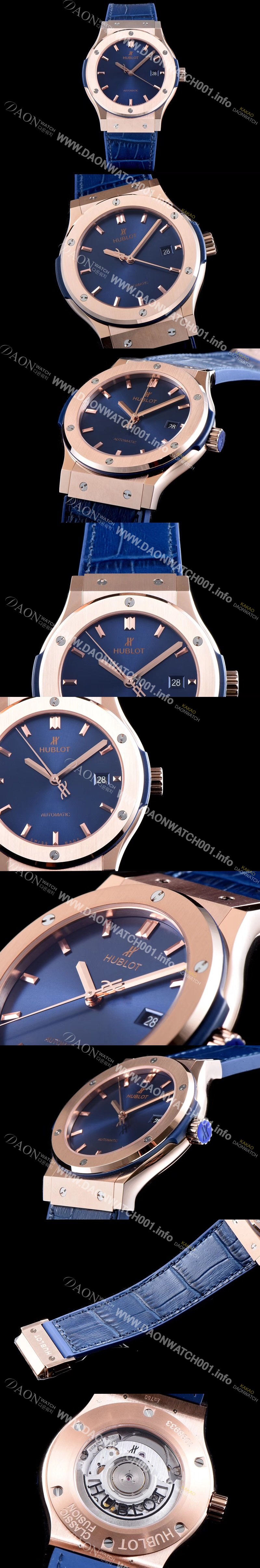 홍콩명품 [휴블렛] 남성용 클레식 퓨전 511.OX.7180.LR 데일리워치 심플하고 클래식한 타입!! 18k 로즈골드 케이스 블루 썬더스트 다이얼 블루 레더스트랩 오토매틱 무브먼트 HUB0240