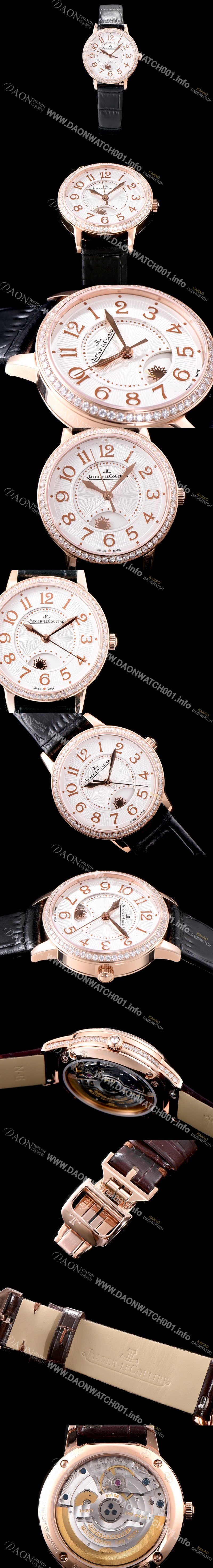 홍콩명품 [예거르꿀르뜨] 남성용 랑데부 나잇&데이 3442440 레이디 워치 18K 로즈골드 최상급 다이아몬드 세팅 베젤 문페이즈 화이트 텍스쳐드 다이얼 오토매틱 무브먼트 JAG0440