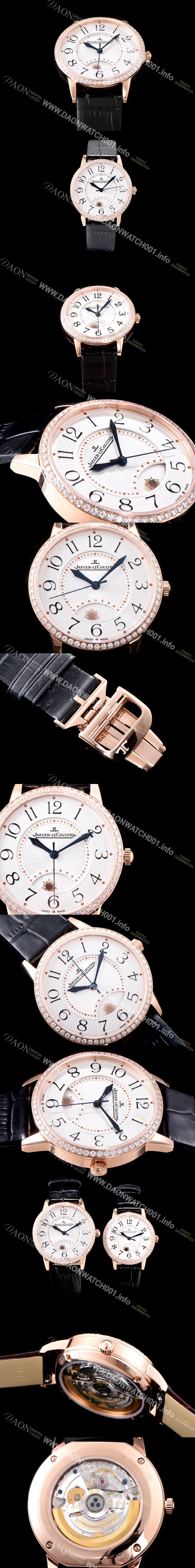 홍콩명품 [예거르꿀르뜨] 남성용 랑데부 나잇&데이 3442440 레이디 워치 18K 로즈골드 최상급 다이아몬드 세팅 베젤 문페이즈 화이트 텍스쳐드 다이얼 오토매틱 무브먼트 JAG0424