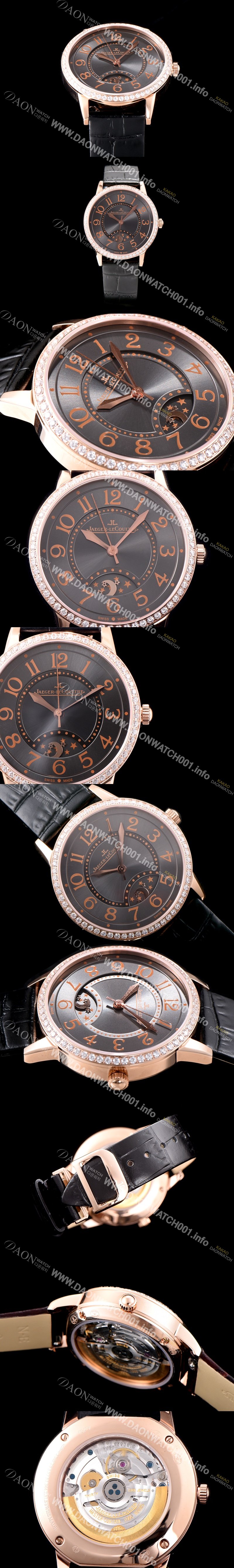 홍콩명품 [예거르꿀르뜨] 남성용 랑데부 나잇&데이 3442150 레이디 워치 18K 로즈골드 최상급 다이아몬드 세팅 베젤 문페이즈 그레이 다이얼 오토매틱 무브먼트 JAG0421