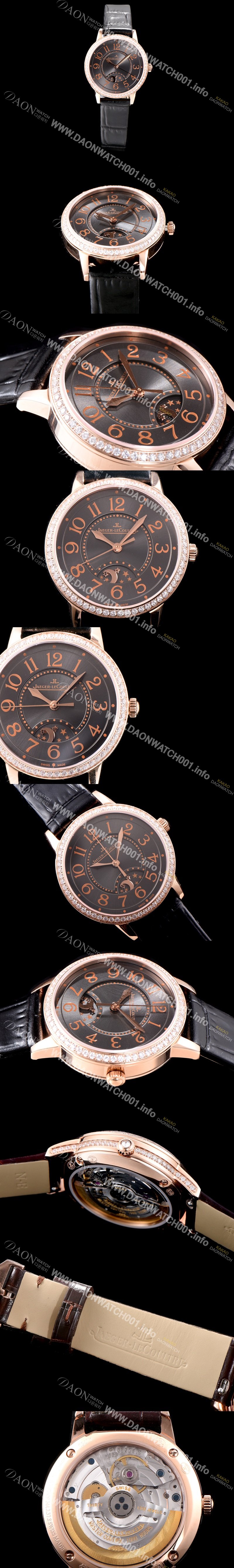 홍콩명품 [예거르꿀르뜨] 남성용 랑데부 나잇&데이 3442150 레이디 워치 18K 로즈골드 최상급 다이아몬드 세팅 베젤 문페이즈 그레이 다이얼 오토매틱 무브먼트 JAG0423