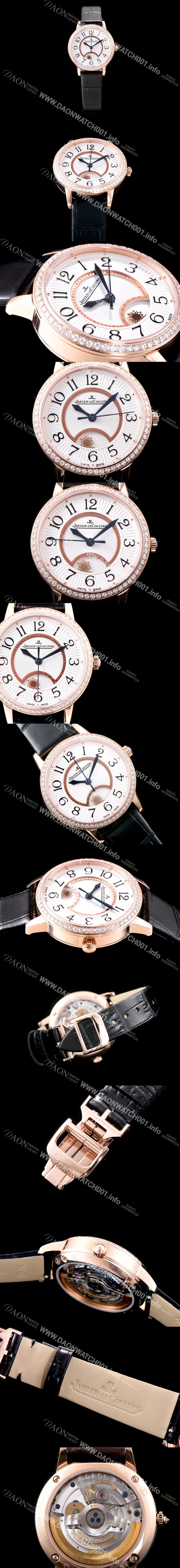 홍콩명품 [예거르꿀르뜨] 남성용 랑데부 나잇&데이 3442440 레이디 워치 18K 로즈골드 최상급 다이아몬드 세팅 베젤 문페이즈 화이트 텍스쳐드 다이얼 오토매틱 무브먼트 JAG0425