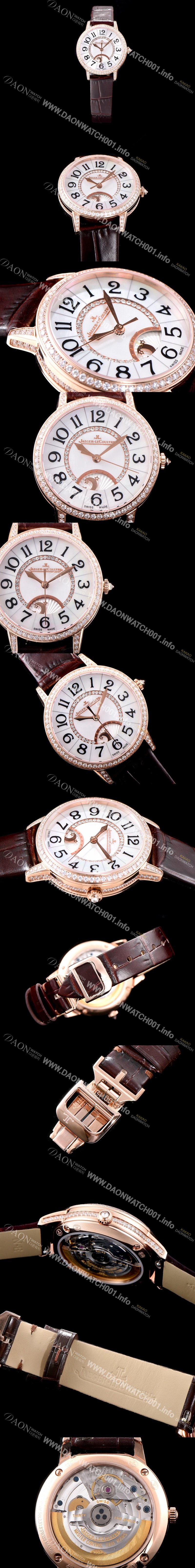 홍콩명품 [예거르꿀르뜨] 남성용 랑데부 나잇&데이 3442440 레이디 워치 18K 로즈골드 최상급 다이아몬드 세팅 베젤 문페이즈 자개 다이얼 오토매틱 무브먼트 JAG0420