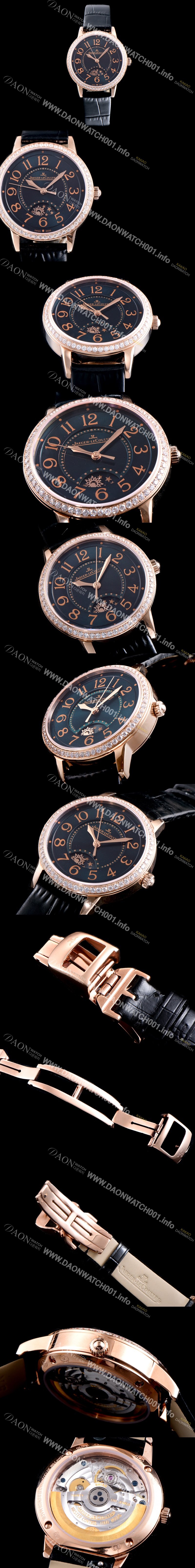 홍콩명품 [예거르꿀르뜨] 남성용 랑데부 나잇&데이 3442450 레이디 워치 18K 로즈골드 최상급 다이아몬드 세팅 베젤 문페이즈 그린 썬더스트 다이얼 오토매틱 무브먼트 JAG0411