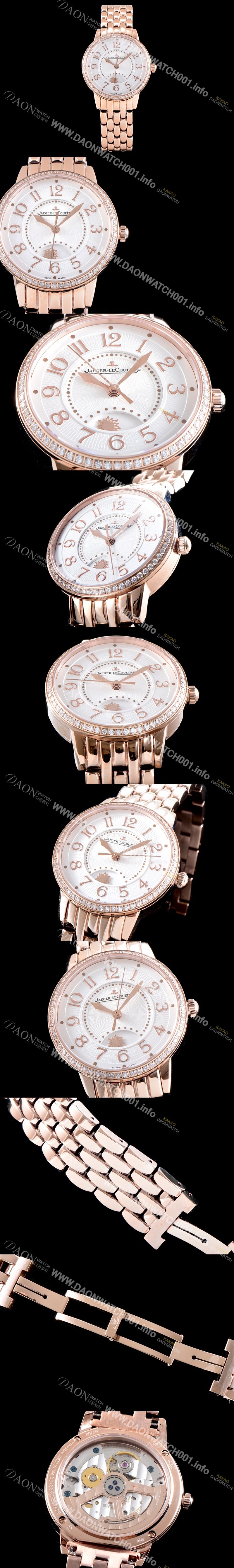 홍콩명품 [예거르꿀르뜨] 남성용 랑데부 나잇&데이 3442130 미디엄 레이디 워치!! 브릴리언트 컷 다이아몬드 고급스러운 18K로즈골드 케이스 문페이즈 화이트 기요셰 다이얼 오토매틱 무브먼트 JAG0452