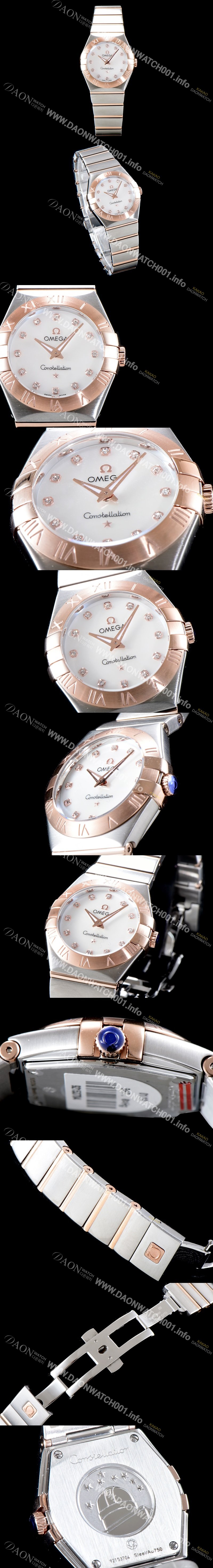 홍콩명품 [오메가] 여성 컬렉션 컨스틀레이션 123.20.27.60.55.001 오메가 코-액시얼 27MM 로마 숫자가 인그레이빙된 베젤 18K 로즈골드 콤비 화이트 자개 다이얼 쿼츠 무브먼트 OMG0123