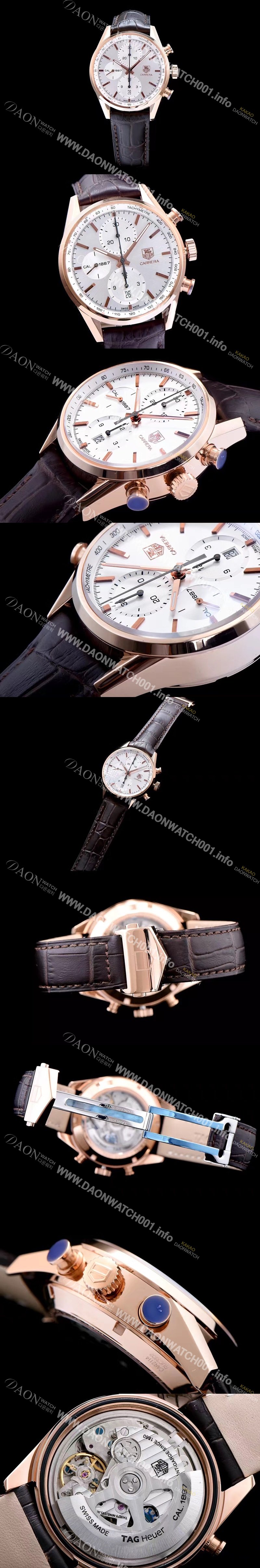 홍콩명품 [태그호이어] 남성용 까레라 칼리버 1887 크로노그래프 로즈골드 화이트 다이얼 오토매틱 무브먼트 TAG0200