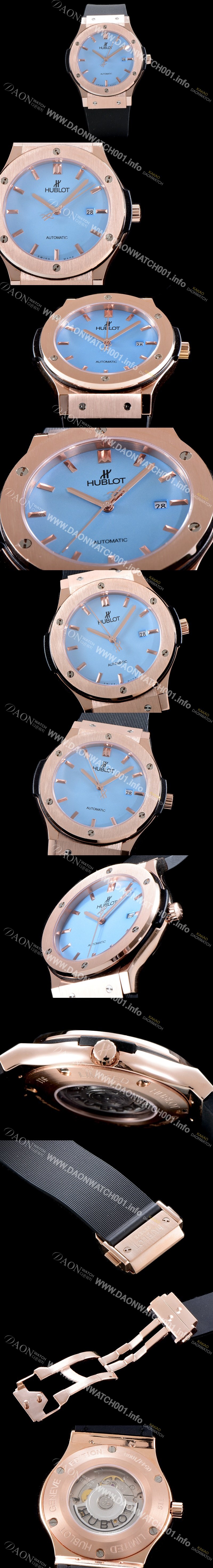 홍콩명품 [휴블렛] 남성용 클레식 퓨전 565.OX.1180.LR 논그로노형 골드 케이스 UP!! 스카이 블루 다이얼 고급스러운 18K 로즈골드 케이스 오토매틱 무브먼트 HUB0100