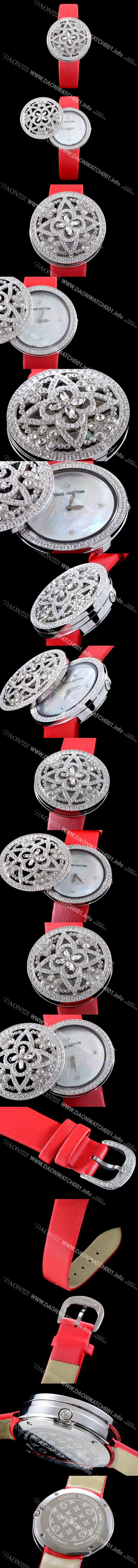 홍콩명품 [루이비통] 남성용 탕부르 컬렉션 Q151D0 비주 시크릿!! 최상급 퀄리티의 쥬얼셋팅 케이스 핑크 마더 오브 펄 다이얼 스위스 쿼츠 무브먼트 LOU4201