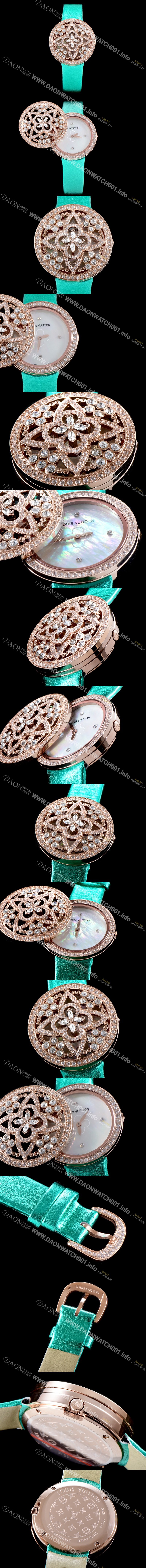 홍콩명품 [루이비통] 남성용 탕부르 컬렉션 Q151D0 비주 시크릿!! 최상급 퀄리티의 쥬얼셋팅 케이스 핑크 마더 오브 펄 다이얼 스위스 쿼츠 무브먼트 LOU4200