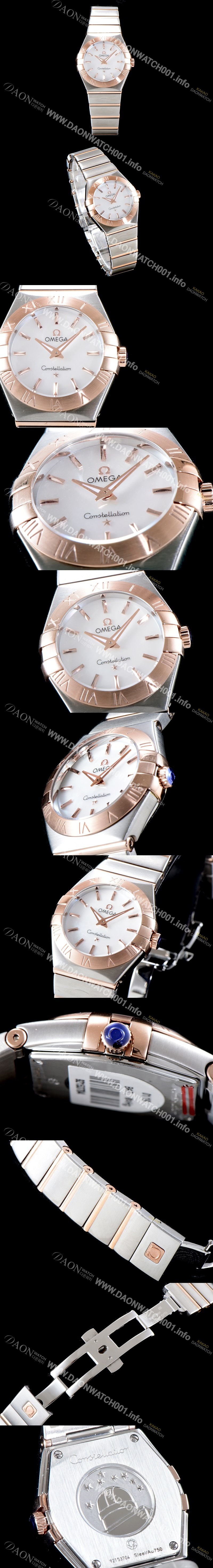 홍콩명품 [오메가] 남성용 여성 컬렉션 컨스틀레이션 123.20.24.60.05.001 오메가 코-액시얼 27MM 로마 숫자가 인그레이빙된 베젤 18K 로즈골드 콤비 화이트 자개 다이얼 쿼츠 무브먼트 OMG4123