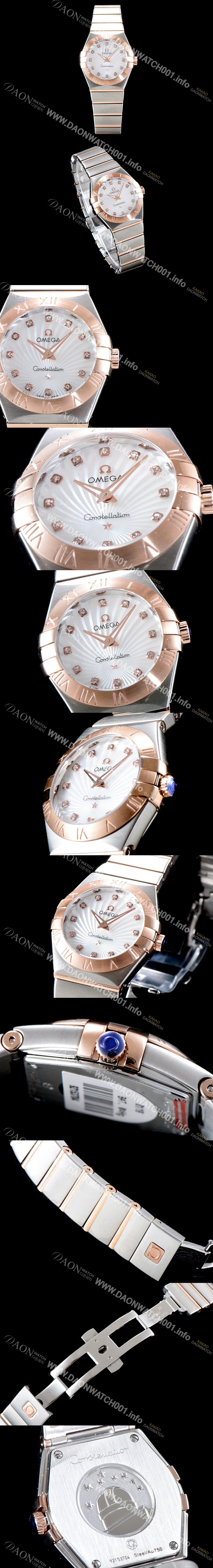 홍콩명품 [오메가] 남성용 여성 컬렉션 컨스틀레이션 123.20.27.20.55.002 오메가 코-액시얼 27MM 로마 숫자가 인그레이빙된 베젤 18K 로즈골드 콤비 화이트 자개 다이얼 쿼츠 무브먼트 OMG4120