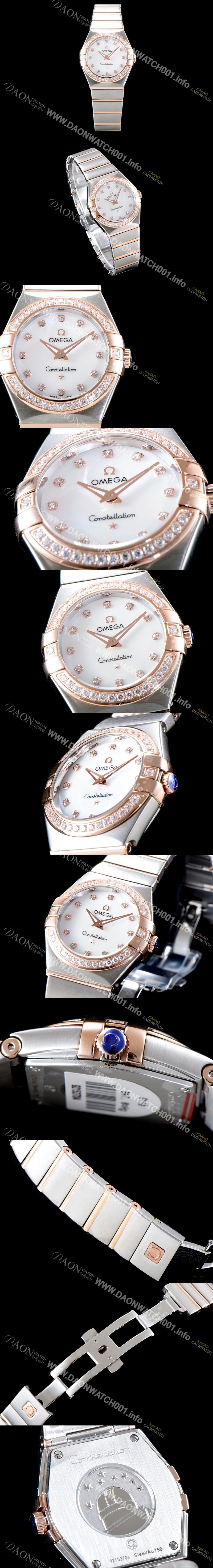 홍콩명품 [오메가] 남성용 여성 컬렉션 컨스틀레이션 123.25.24.60.55.001 오메가 코-액시얼 27MM 다이아몬드 세팅 베젤 화이트 자개 다이얼 18K 로즈골드 콤비 쿼츠 무브먼트 OMG4125