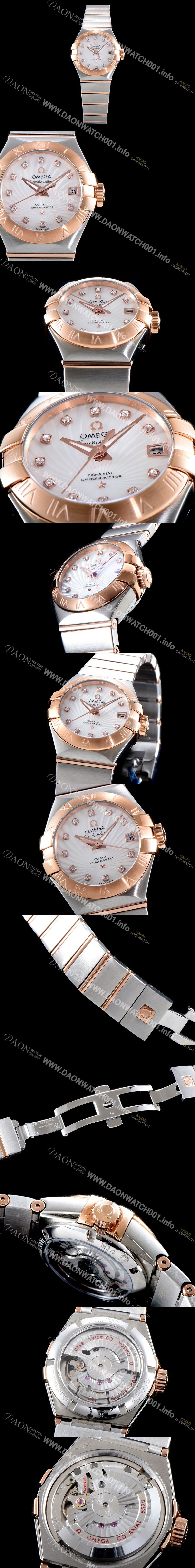 홍콩명품 [오메가] 남성용 여성 컬렉션 컨스틀레이션 123.20.27.20.55.001 오메가 코-액시얼 27MM 로마 숫자가 인그레이빙된 베젤 18K 로즈골드 콤비 화이트 자개 다이얼 쿼츠 무브먼트 OMG4121