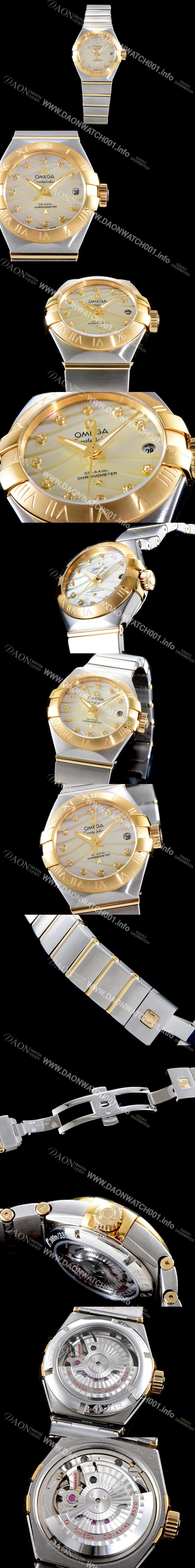 홍콩명품 [오메가] 남성용 여성 컬렉션 컨스틀레이션 123.20.27.20.55.002 오메가 코-액시얼 27MM 로마 숫자가 인그레이빙된 베젤 18K 옐로골드 콤비 자개 다이얼 쿼츠 무브먼트 OMG4120