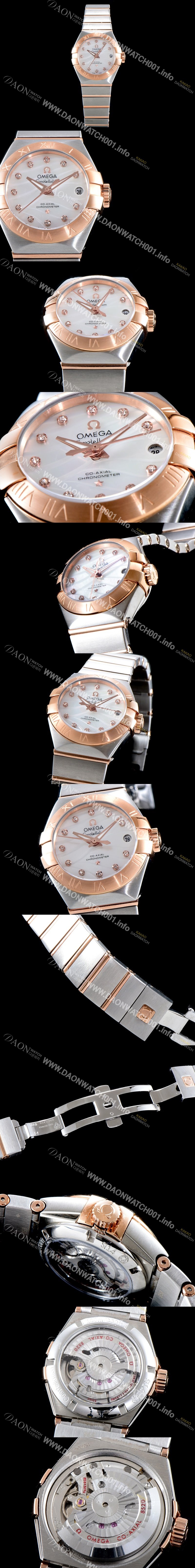 홍콩명품 [오메가] 남성용 여성 컬렉션 컨스틀레이션 123.20.27.20.55.003 오메가 코-액시얼 27MM 로마 숫자가 인그레이빙된 베젤 18K 로즈골드 콤비 화이트 자개 다이얼 쿼츠 무브먼트 OMG4110