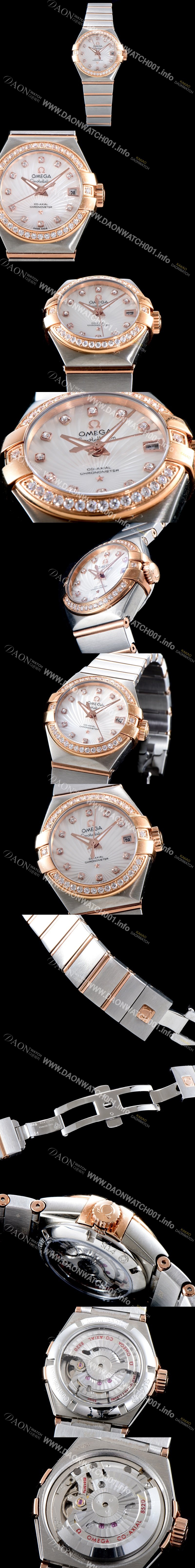 홍콩명품 [오메가] 남성용 여성 컬렉션 컨스틀레이션 123.25.27.20.55.001 오메가 코-액시얼 27MM 다이아몬드 세팅 베젤 화이트 자개 다이얼 18K 로즈골드 콤비 쿼츠 무브먼트 OMG4114