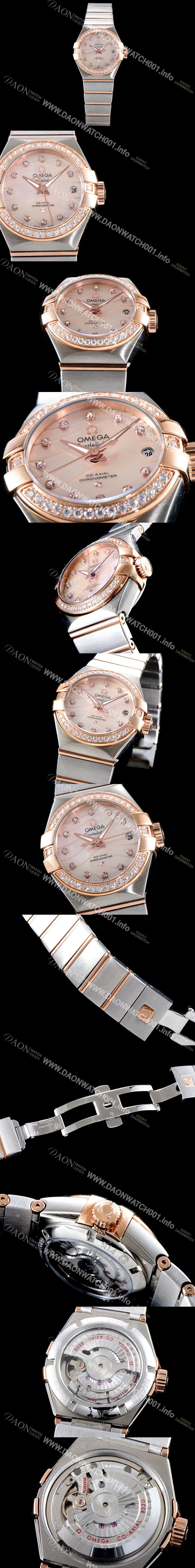 홍콩명품 [오메가] 남성용 여성 컬렉션 컨스틀레이션 123.25.27.20.55.005 오메가 코-액시얼 27MM 다이아몬드 세팅 베젤 자개 다이얼 18K 로즈골드 콤비 쿼츠 무브먼트 OMG4112