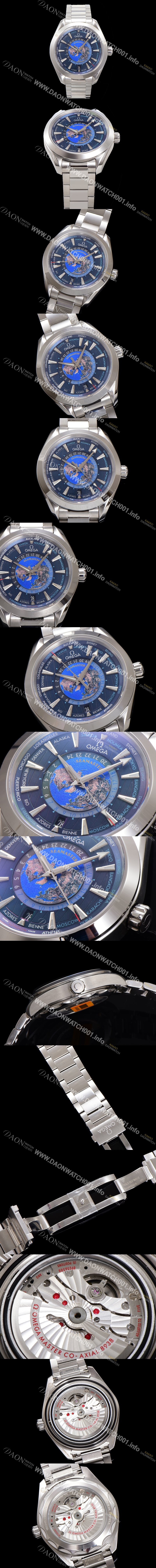 홍콩명품 [오메가] 남성용 씨마스터 220.10.43.22.03.001 아쿠아테라 150M GMT 월드타이머 43미리 오토매틱 Cal. 8938 타입 메탈줄 블루 다이얼 omg20240