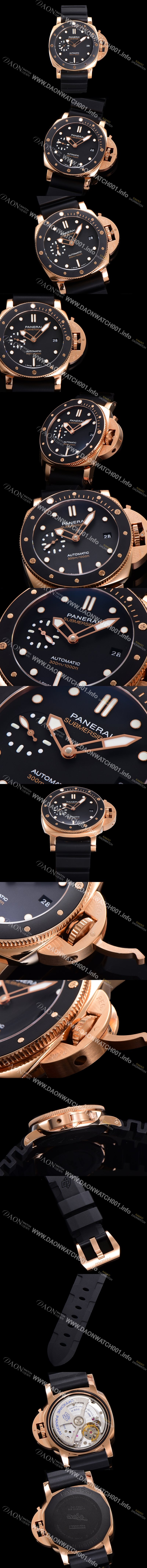 홍콩명품 [파네라이] 남성용 서브머시블 골드테크™ PAM02164 오토매틱 Cal P. 900 타입 42mm 18K 로즈골드 우레탄 블랙 다이얼 pan5209