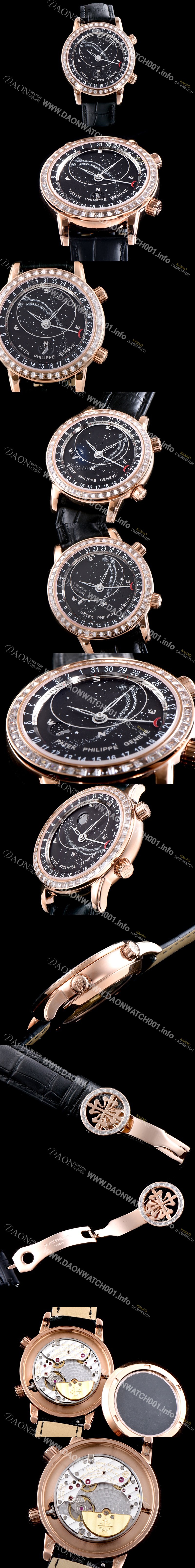 홍콩명품 [파텍필립] 남성용 그렌드 컴플리케이션 6104R-001 셀리스티얼 18K 로즈골드 최상급 다이아몬드 세팅 베젤 블랙 다이얼 오토매틱 무브먼트 PAT0135