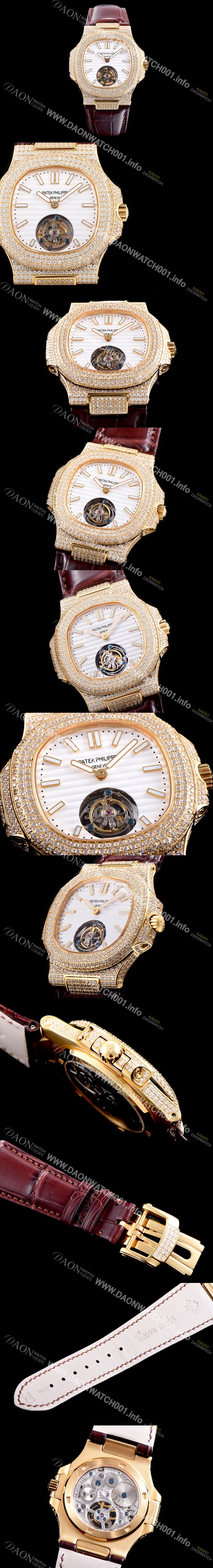 홍콩명품 [파텍필립] 남성용 노틸러스 뚜르비옹 18K 옐로우 골드 최상급쥬얼 다이아몬드 풀 세팅 케이스 화이트 텍스쳐 다이얼 아시안 투어빌론 탑재 PAT0100
