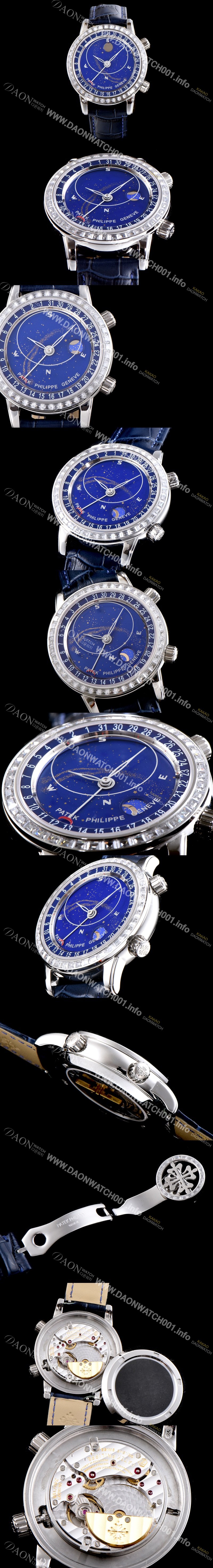홍콩명품 [파텍필립] 남성용 셀리스티얼 스카이 차트 그렌드 컴플리케이션 5102PR 워치 업!! 바게크 컷 다이아몬드 베젤 블루 천체 다이얼 문페이즈 셀프 와인딩 칼리버 240 LU CL C 무브먼트 PAT0115