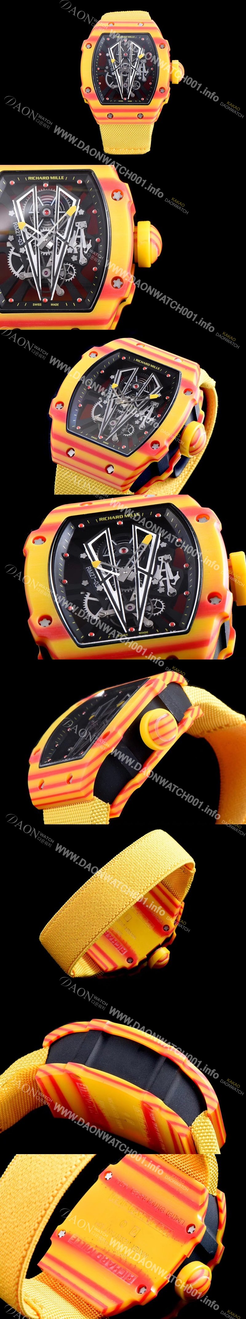 홍콩명품 [리차드밀레] 남성용 RM27-03 투르비용 라파엘 나달 쿼츠 TPT 소재 스켈레톤 다이얼 오스트리아 산 신형 옐로 우레탄러버밴드 오토매틱 무브먼트 RIC0440