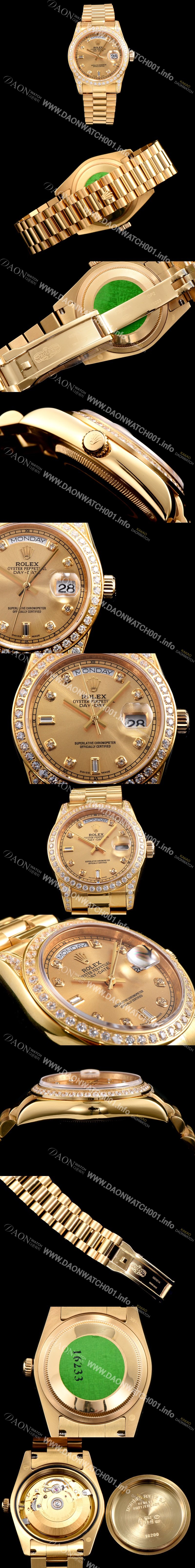 홍콩명품 [로렉스] 남성용 오이스터 퍼페츄얼 118348 데이데이트 최상급쥬얼 다이아몬드 세팅 18K 옐로우 골드 브레이슬릿 오토매틱 무브먼트 ROL0300