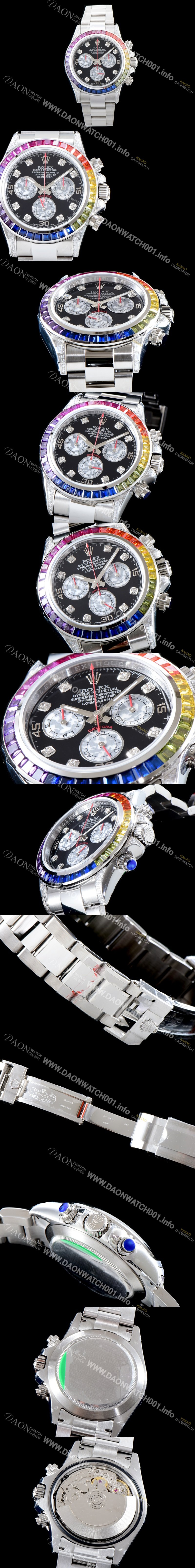 홍콩명품 [로렉스] 남성용 904L스틸 업!! 데이토나 116599 레인보우 무지개 컬러 바게크 컷 사파이어 36개 세팅 베젤 블랙 다이얼 오이스터 브레이슬릿 7750B-2 오토매틱 무브먼트 ROL0050