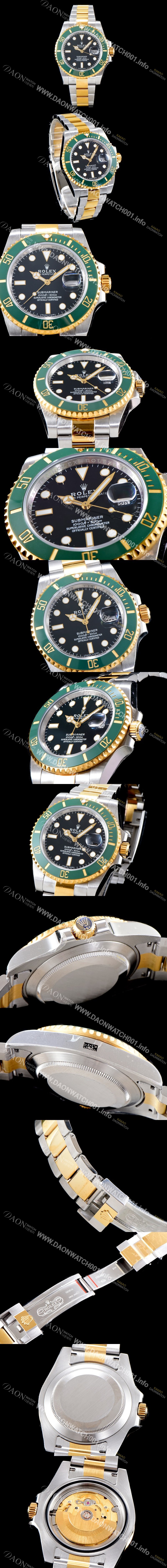 홍콩명품 [로렉스] 남성용 New 업그레이드형!! 서브마리너 116613-LN-97203 데이트 투톤콤비 그린 세라믹 베젤UP!! 고급스러운 18K 옐로우골드 콤비 블랙 다이얼 브레이슬릿 오토매틱 무브먼트 ROL0534