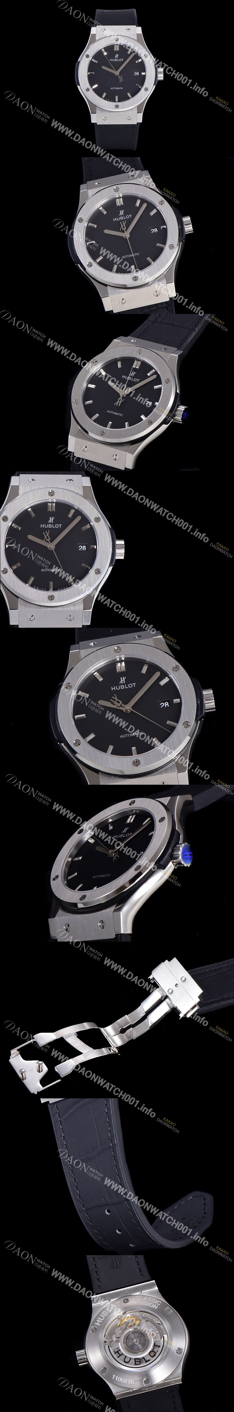 홍콩명품 [휴블렛] 남성용 클래식 퓨전 45미리 오토매틱 9015 타입 가죽/러버 믹스 블랙다이얼 HUB73474