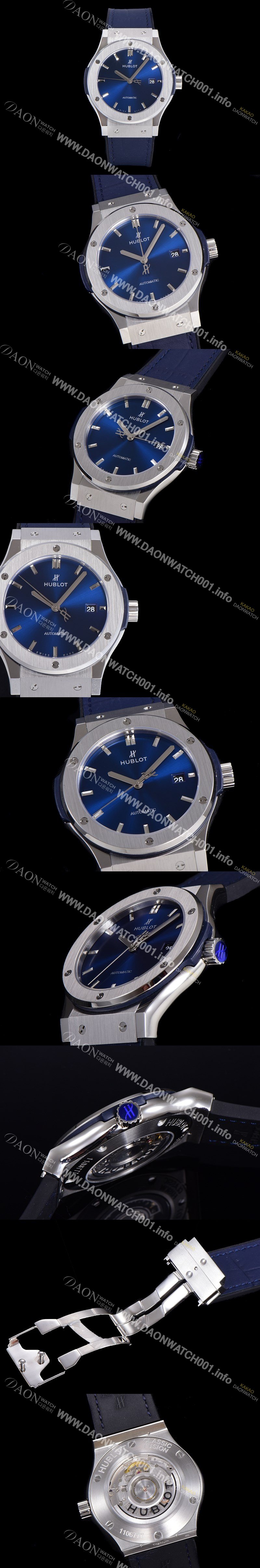 홍콩명품 [휴블렛] 남성용 클래식 퓨전 45미리 오토매틱 9015 타입 가죽/러버 믹스 블루다이얼 HUB73483