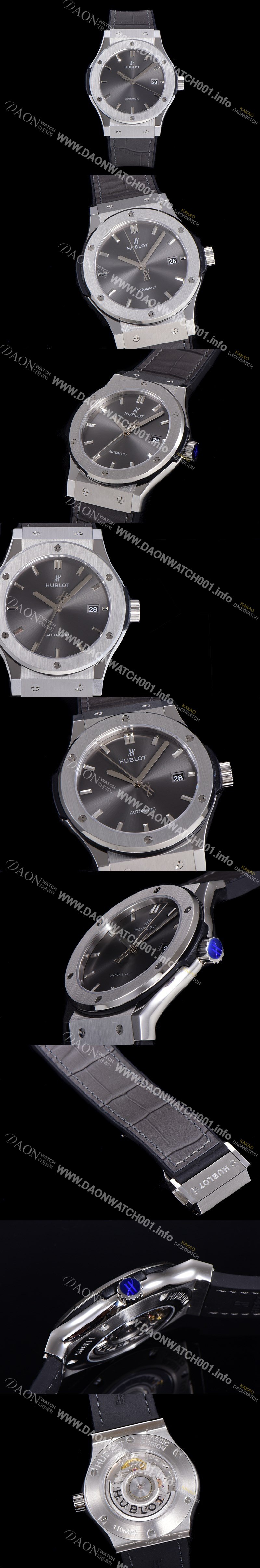 홍콩명품 [휴블렛] 남성용 클래식 퓨전 45미리 오토매틱 9015 타입 가죽/러버 믹스 그레이다이얼 HUB73512