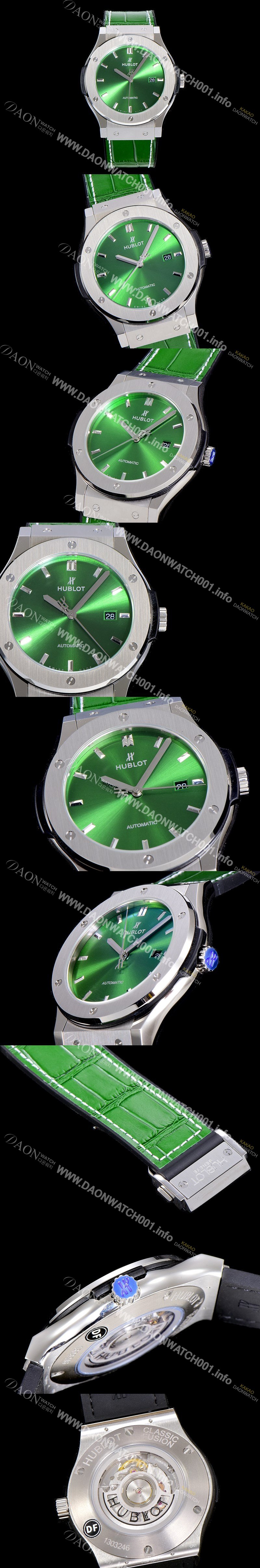 홍콩명품 [휴블렛] 남성용 클래식 퓨전 45미리 오토매틱 9015 타입 가죽/러버 믹스 그린다이얼 HUB73559