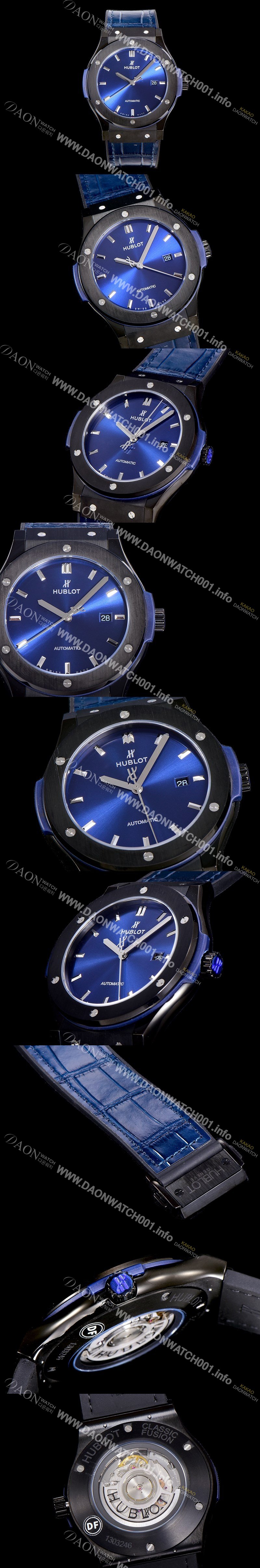 홍콩명품 [휴블렛] 남성용 클래식 퓨전 45미리 블랙 PVD코팅오토매틱 9015 타입 가죽/러버 믹스 그린다이얼 HUB73568