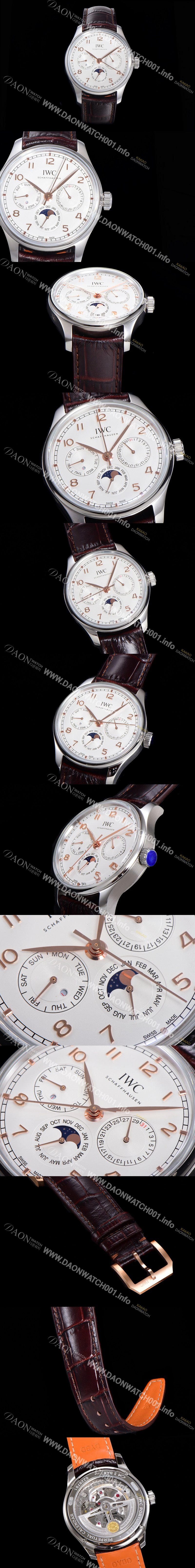 아이더블유씨 포르투기즈 퍼페추얼 캘린더 문페이즈 오토매틱 42mm Cal.82650 타입 남성용 가죽줄 화이트다이얼  iwc045194837