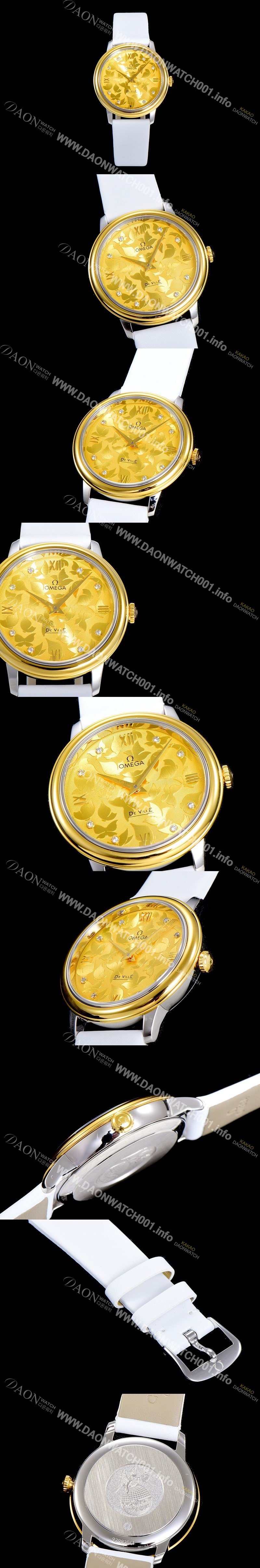 홍콩명품 [오메가] 여성용 드빌 프레스티지 32.7미리 쿼츠 금장 4061타입 레이디 소가죽줄 골드다이얼 OMG79418