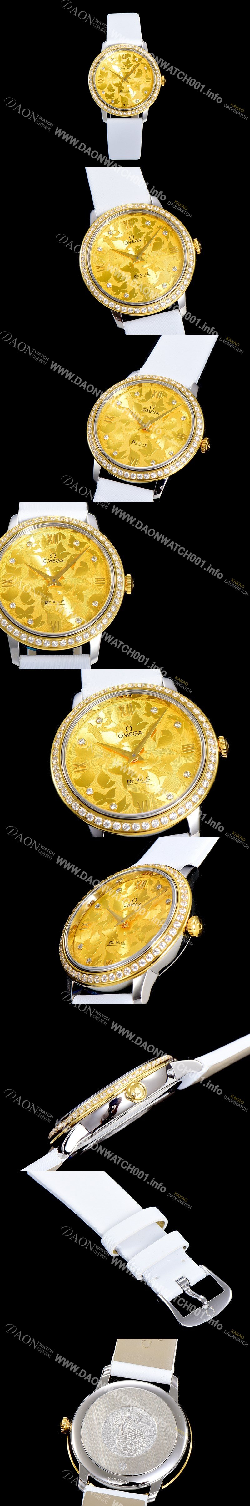 홍콩명품 [오메가] 여성용 드빌 프레스티지 32.7미리 쿼츠 금장 보석/큐빅 셋팅 4061타입 레이디 소가죽줄 골드다이얼 OMG79437