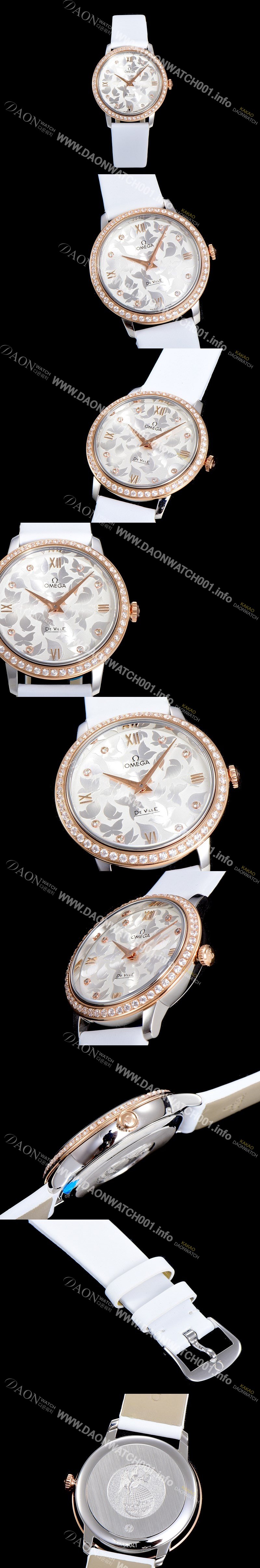 홍콩명품 [오메가] 여성용 드빌 프레스티지 32.7미리 쿼츠 금장 보석/큐빅 셋팅 4061타입 레이디 소가죽줄 화이트다이얼 OMG79446