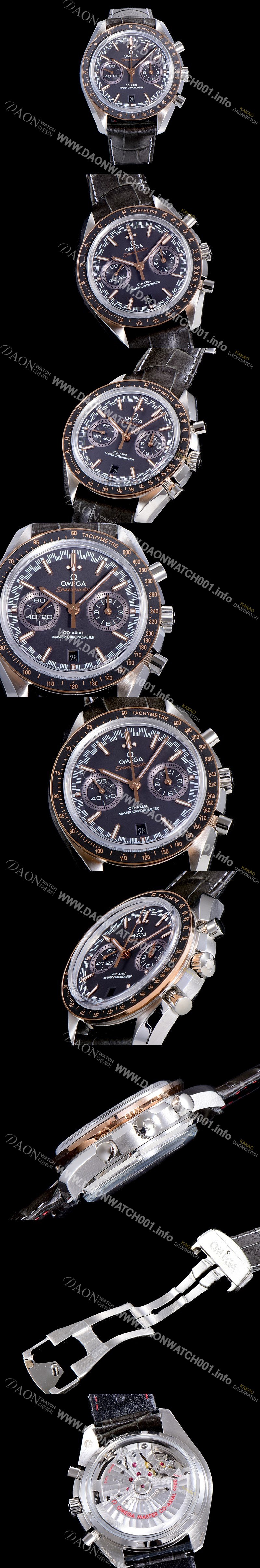 홍콩명품 [오메가] 남성용 스피드마스터 라싱 크로노메터 44미리 오토매틱 P.9900 18K로즈골드 라인베젤 가죽밴드블랙다이얼 OMG79592