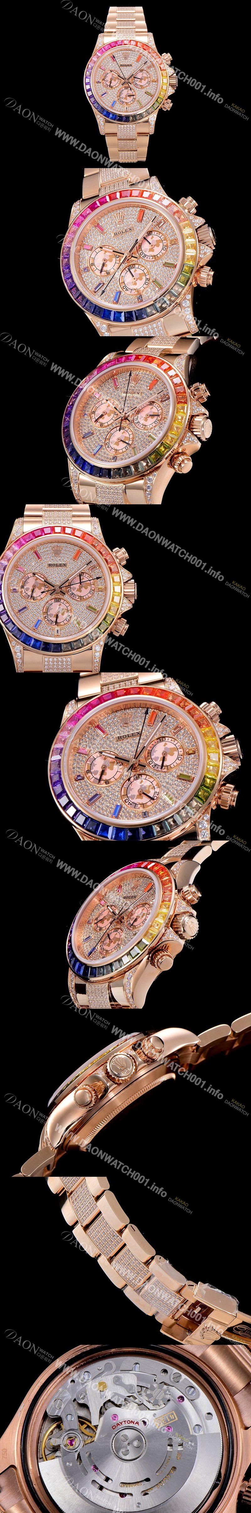 홍콩명품 [로렉스]남성용 데이토나 오이스터 라인보우 와치 보석/큐빅 세팅 4130타입 무브튜닝 40mm 올금/통금 로즈골드 블랙 다이얼 ROL87026