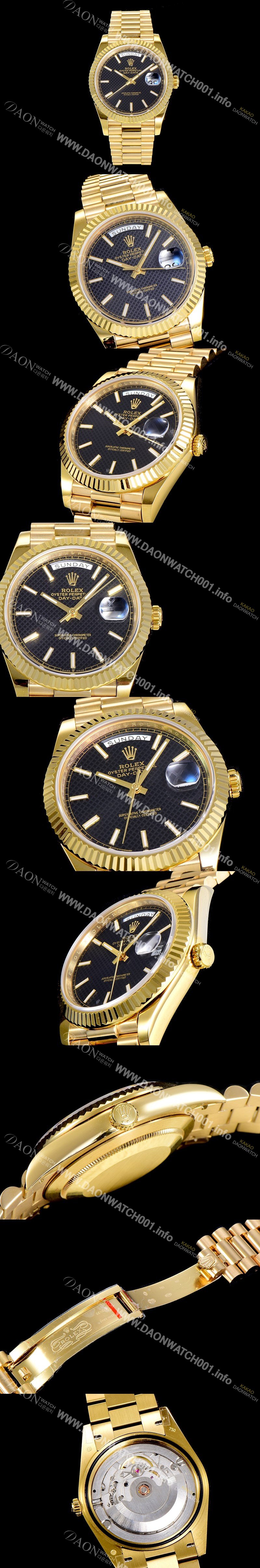 홍콩명품 [로렉스] 남성용 데이데이트 오토매틱 옐루골드 올금 금장시계 이티애이 2836-2 40미리 블랙다이얼 3열 브레이슬릿 ROL79477