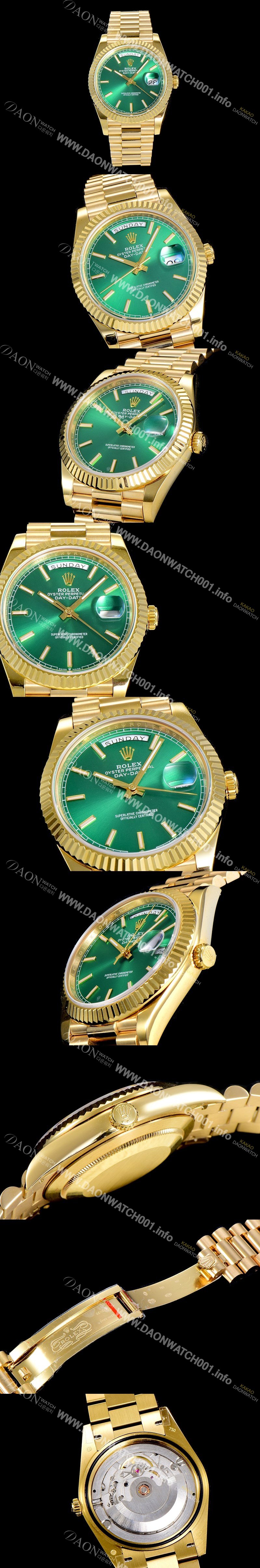홍콩명품 [로렉스] 남성용 데이데이트 오토매틱 옐루골드 올금 금장시계 이티애이 2836-2 40미리 그린다이얼 3열 브레이슬릿 ROL79495