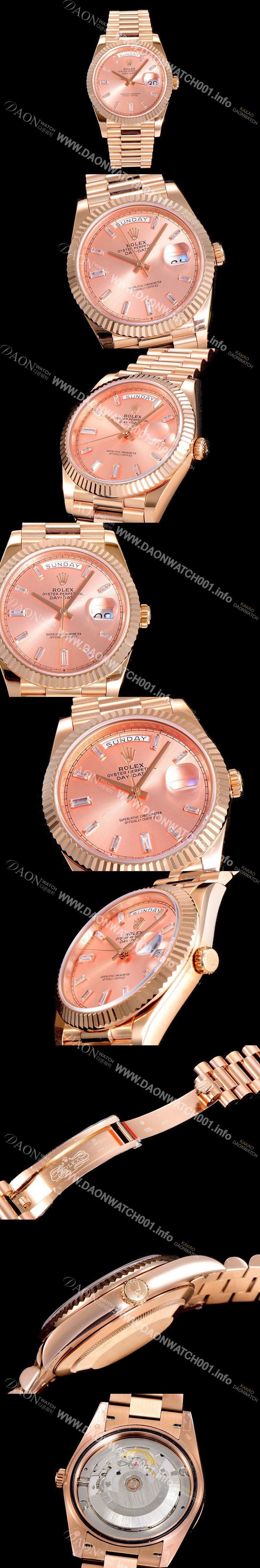 홍콩명품 [로렉스] 남성용 데이데이트 오토매틱 로즈골드 올금 금장시계 이티애이 2836-2 40미리 핑크다이얼 3열 브레이슬릿 ROL79533