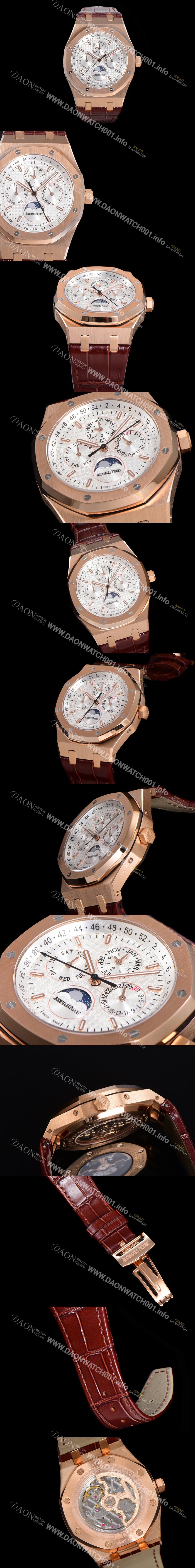 홍콩명품 [오데마피게] 남성용 로얄오크 퍼펙츄얼 캘린더 41mm 오토매틱 T5134 타입 18K로즈골드 가죽줄 화이트다이얼 aud1291