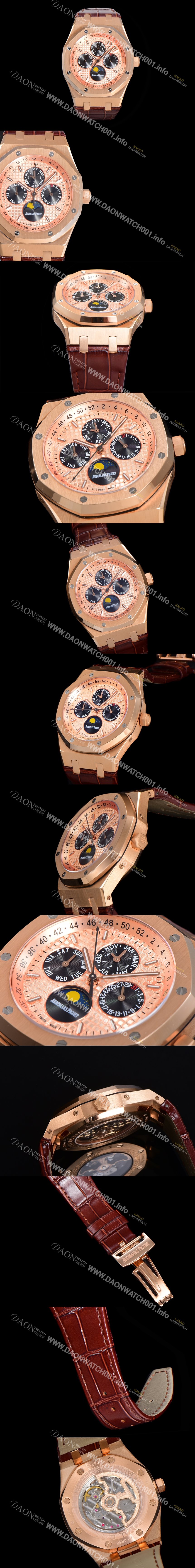 홍콩명품 [오데마피게] 남성용 로얄오크 퍼펙츄얼 캘린더 41mm 오토매틱 T5134 타입 18K로즈골드 가죽줄 골드다이얼  aud5119