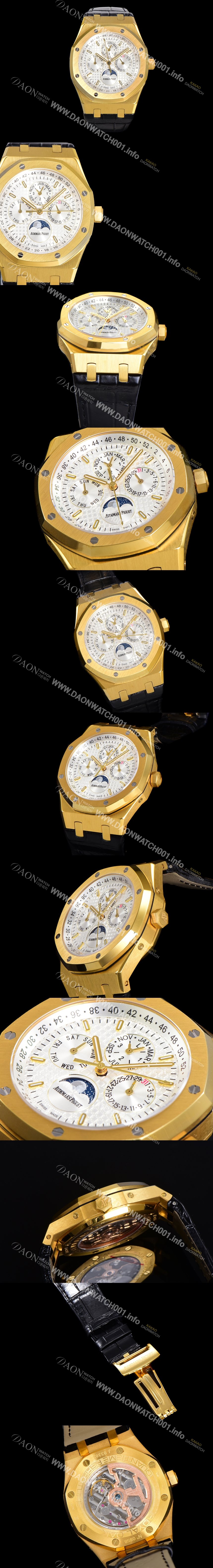 홍콩명품 [오데마피게] 남성용 로얄오크 퍼펙츄얼 캘린더 41mm 오토매틱 T5134 타입 18K옐루골드 가죽줄 화이트다이얼  aud3191